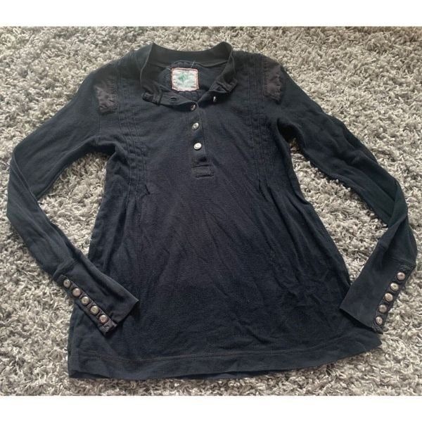 93 Free People black Snap Moto Cuff BURNOUT BOHO HENLEY SHIRT TOP sz M