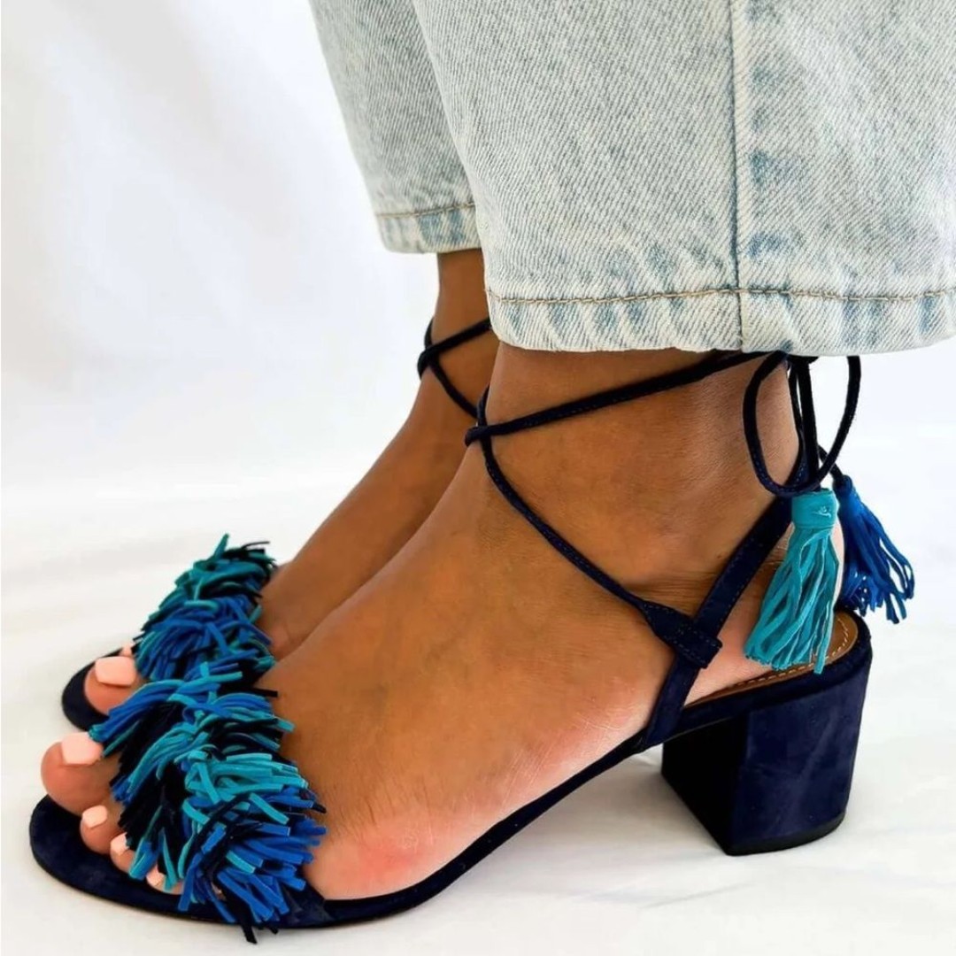 Aquazzura 795 Wild Things Fringe Sandals Block Heels Size 40.5