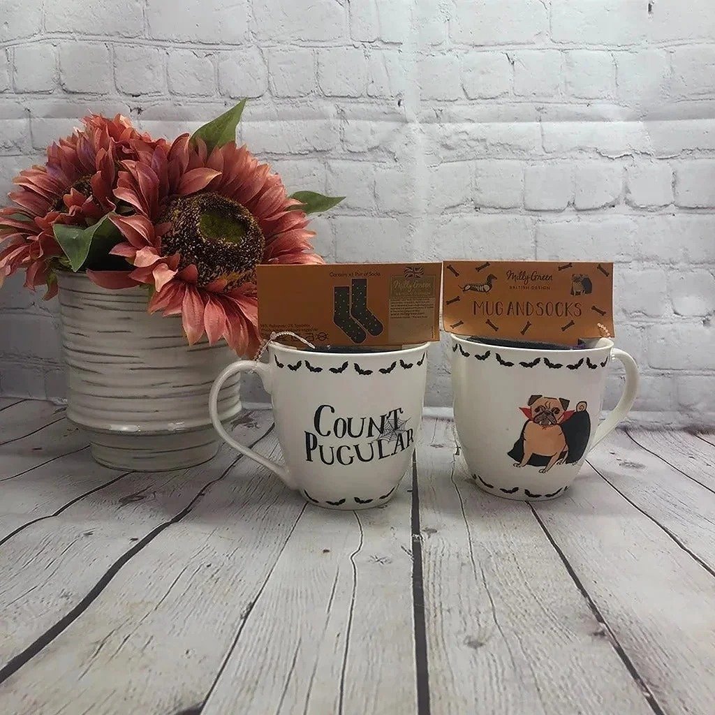 Milly green pug as vampire mug and sock set