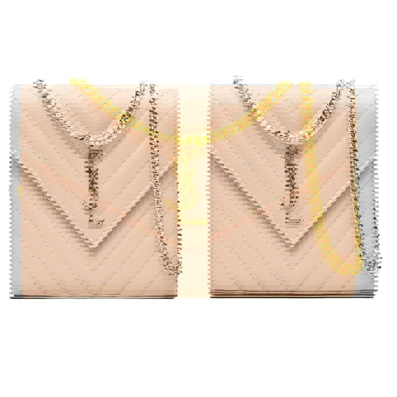 SAINT LAURENT Grain De Poudre Matelasse Chevron Monogram Chain Wallet Pale Pink