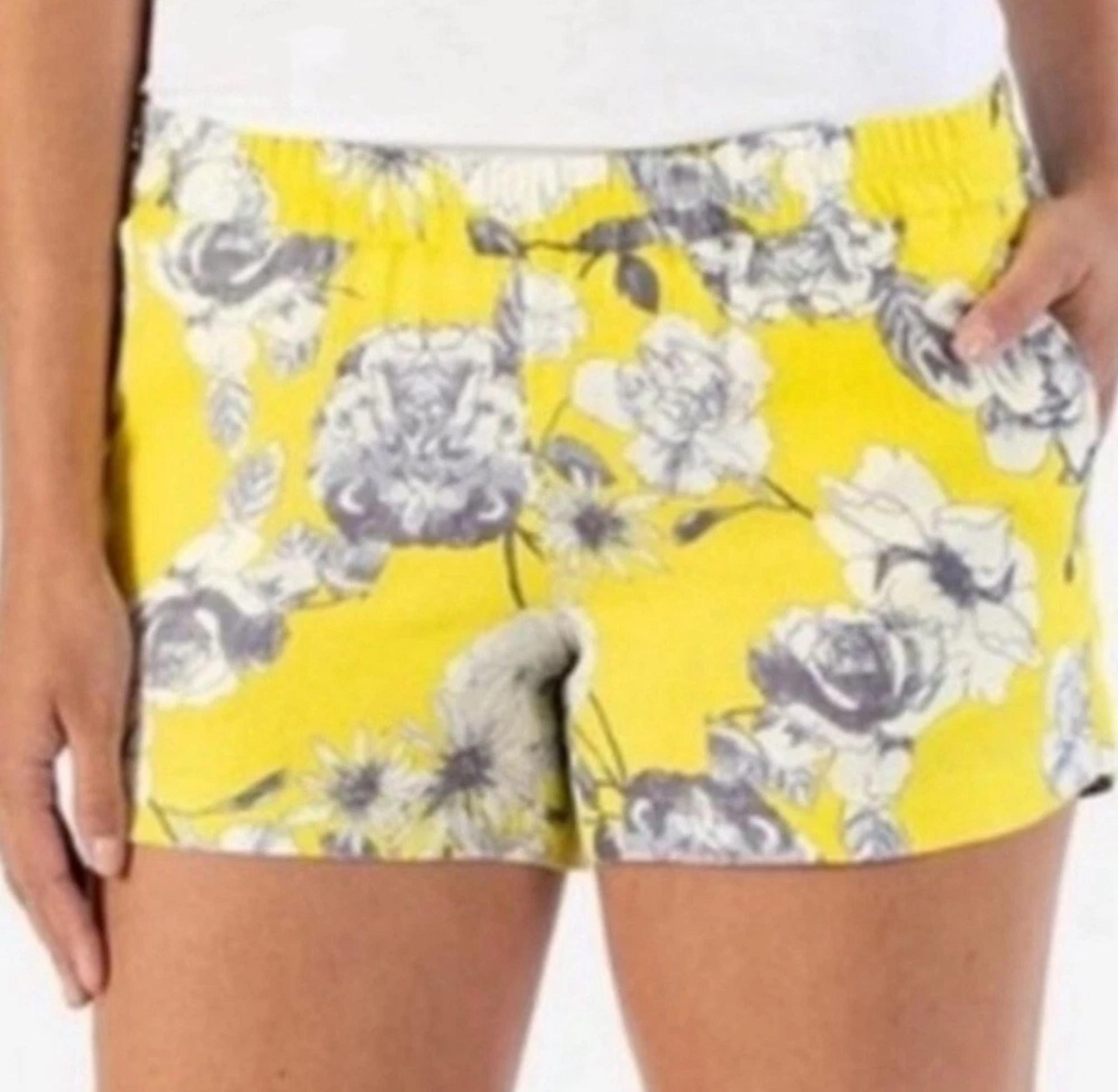 Kut From the Kloth Jansen Floral Print Yellow Linen Shorts Women size 10