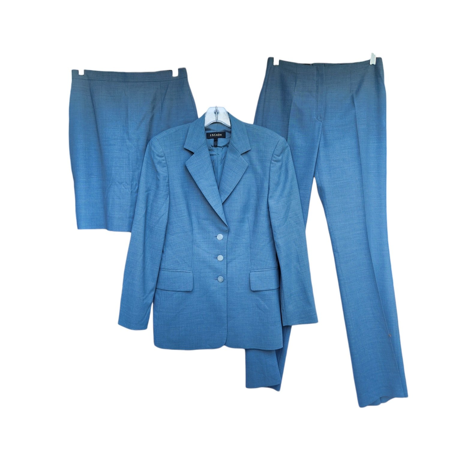 Escada Bluish Gray 3-Pc Wool Skirt and Pant Suit 36