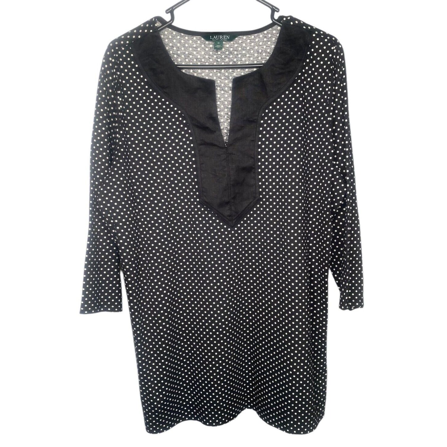 Lauren Ralph Lauren Womens Top Size 1X Black & White Polka Dot 3/4 Sleeve luxury