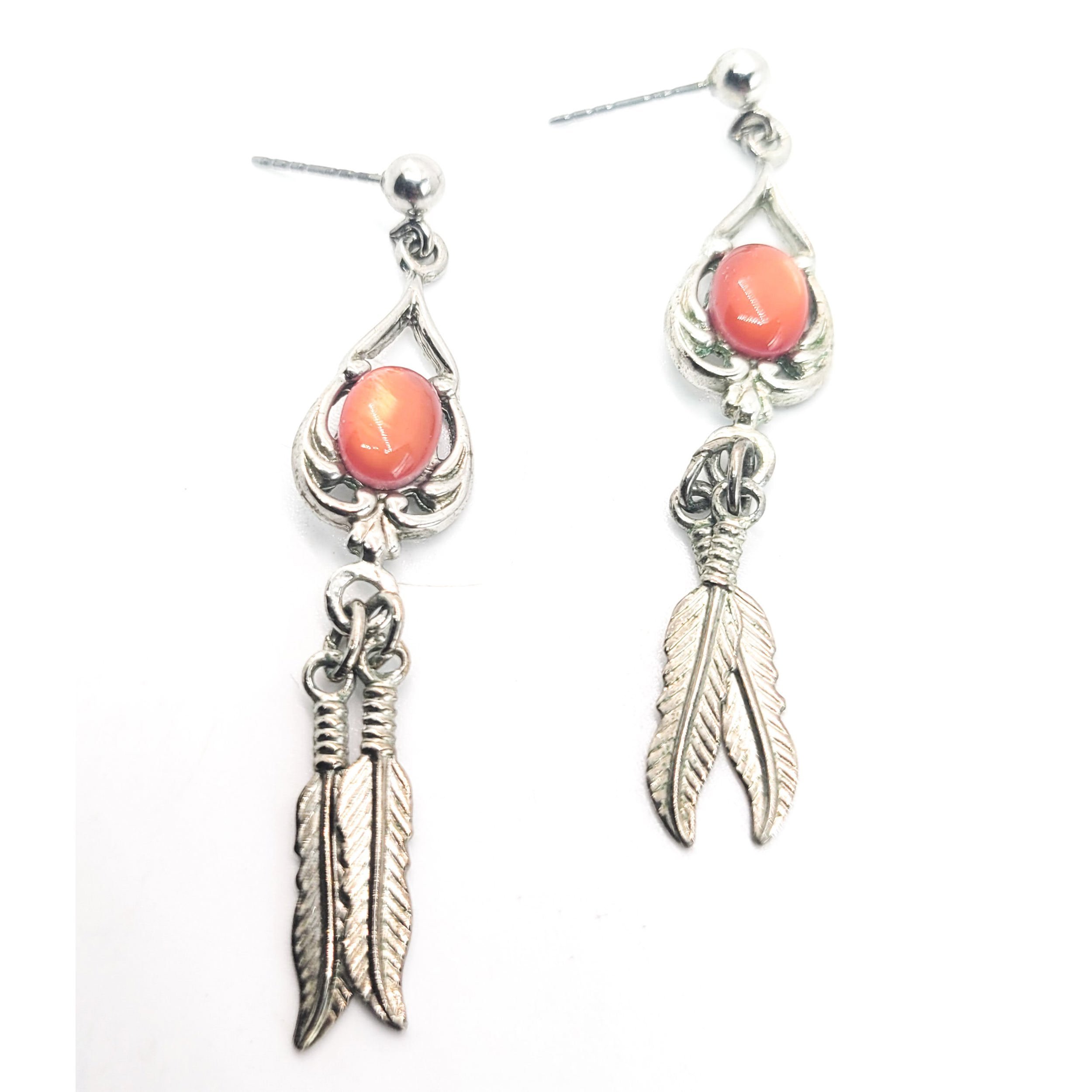 Spiny Oyster Southwestern style sterling silver long drop feather earrings