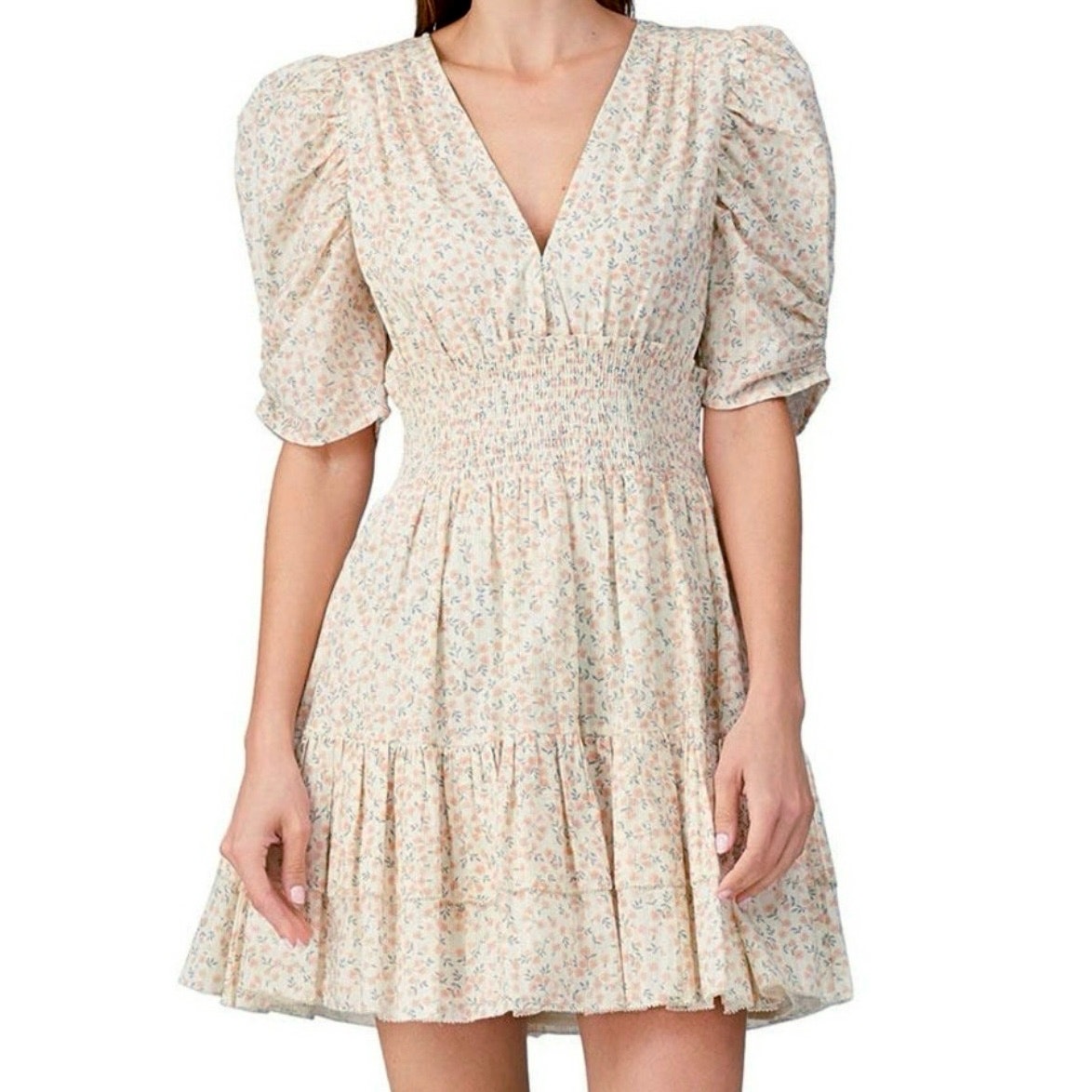 Revolve CLEOBELLA Sadie Mini Dress Floral Plunge Tiered XS Fairycore Cottagecore
