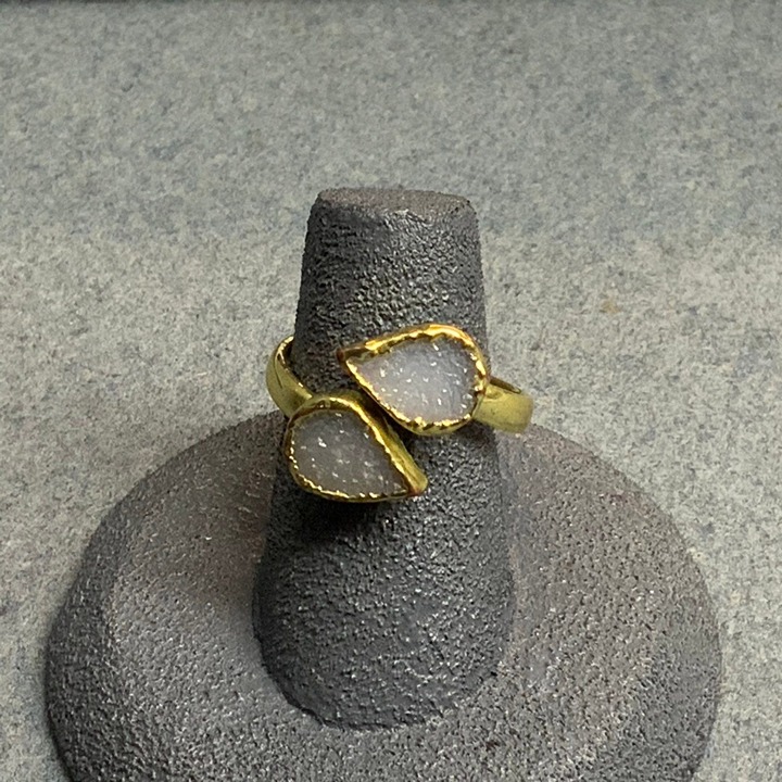 Double Leaves Adjustable Ring Size 6 Up As Is Gold Copper Opal White Retro Glam