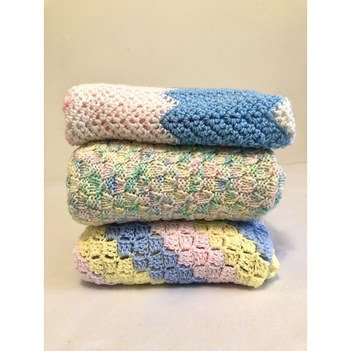 Hand Crochet Knitted Baby Afghan Throw 3pc Grouping Pink Blue
