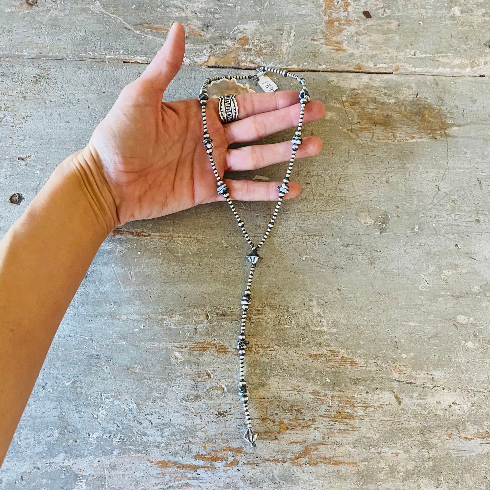 Navajo Strung Sterling Silver Machine Made Pearls & White Buffalo Lariat