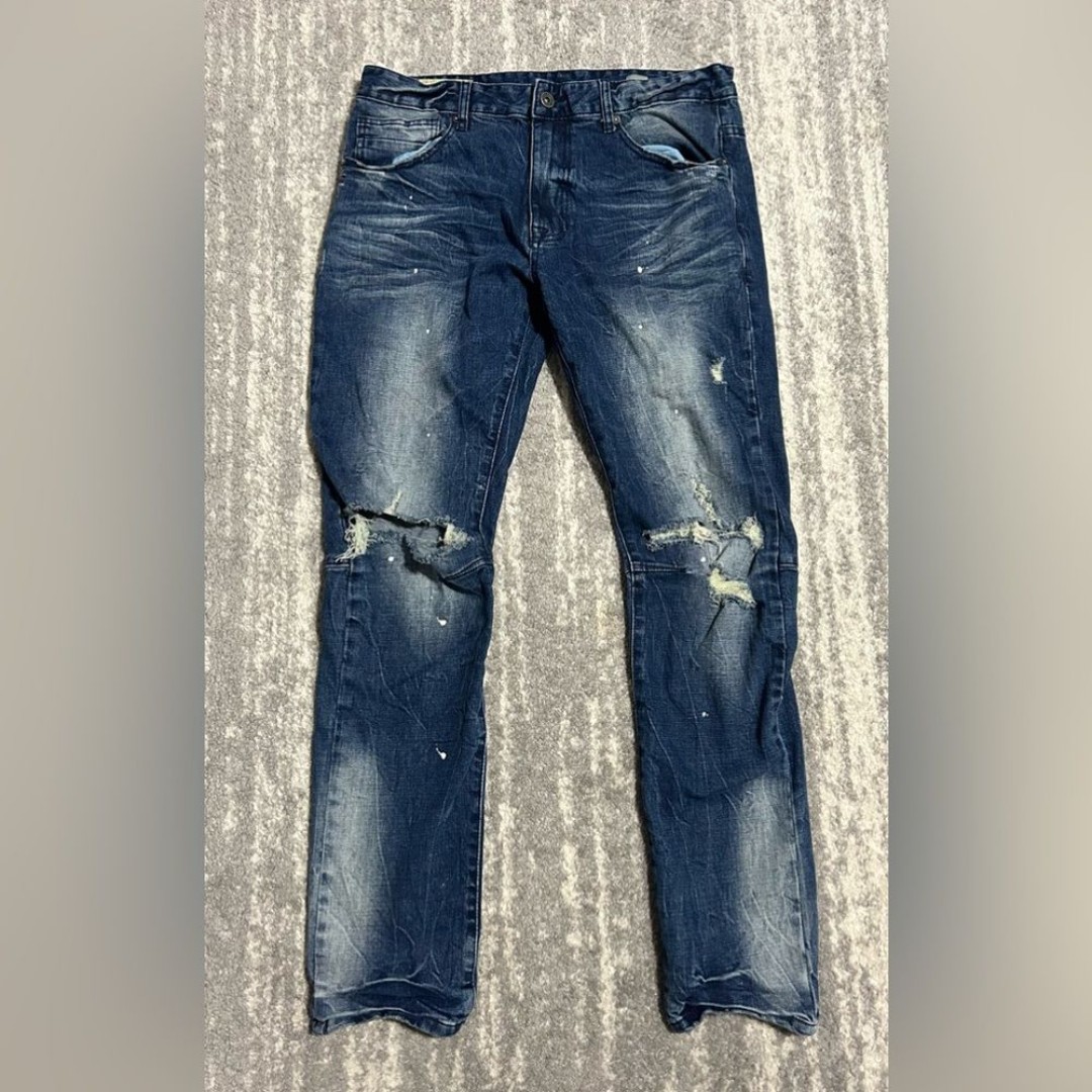 Smoke Rise Mens Jeans Sz 36x32 Blue Distressed Denim Rips Paint Fading Trendy