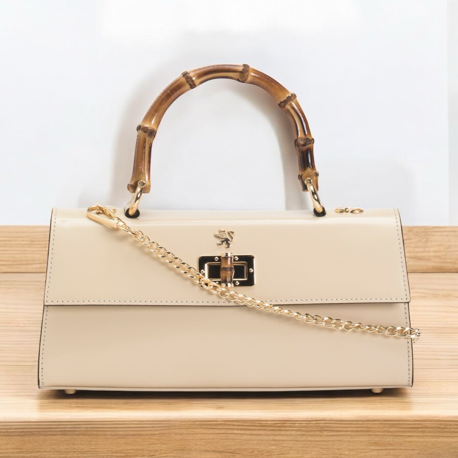 New PRATESI FIRENZE Genuine Leather Bamboo Handle Satchel Made In Italy Ivory