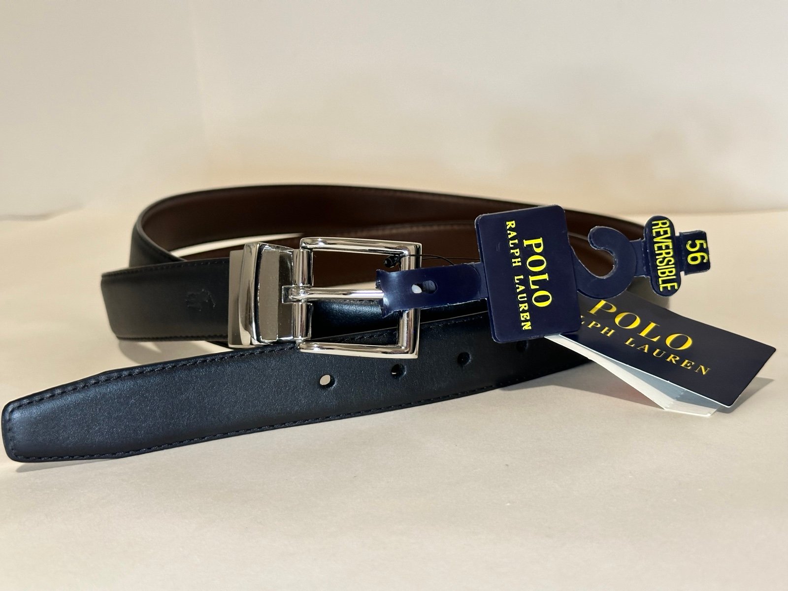 Polo Ralph Lauren Mens Reversible Black Brown Leather Belt Buckle 56 / 140 Long