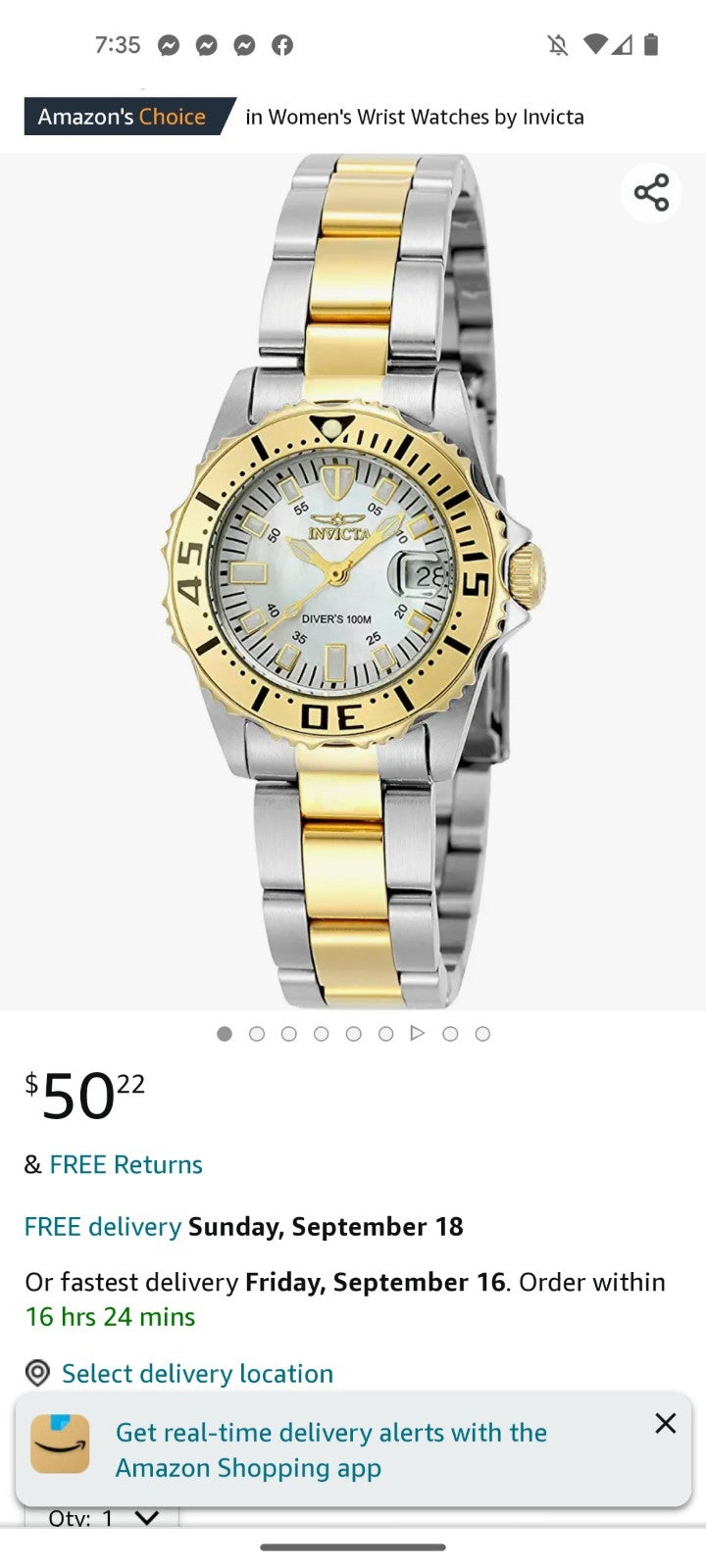 Women's 6895 "Pro-Diver" Stainless Steel 18k gold plating bracelet watch - Invicta