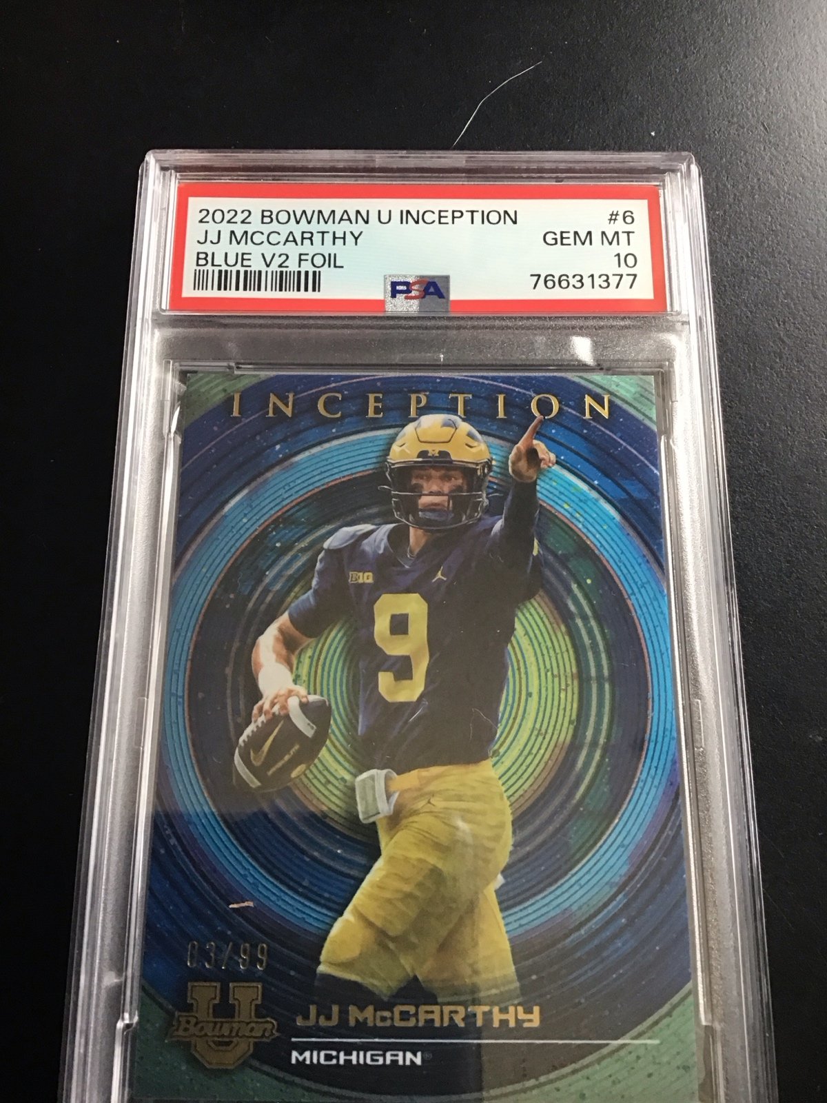 2022-23 Bowman University Inception JJ McCarthy Blue Foil /99 PSA 10 RC Michigan