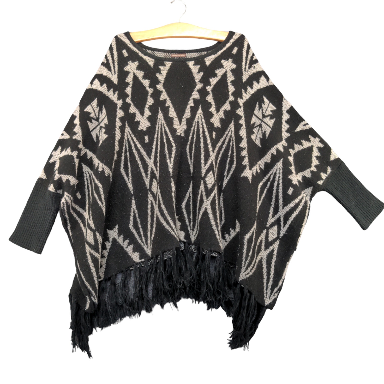 Do Everything in Love Women's Sweater Poncho Black One Size Knit Fringe