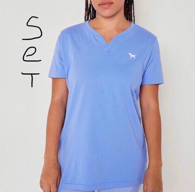 VS PINK Henley Campus Tee Shirt & Fold Over Sweat Shorts Set Blue Sz L