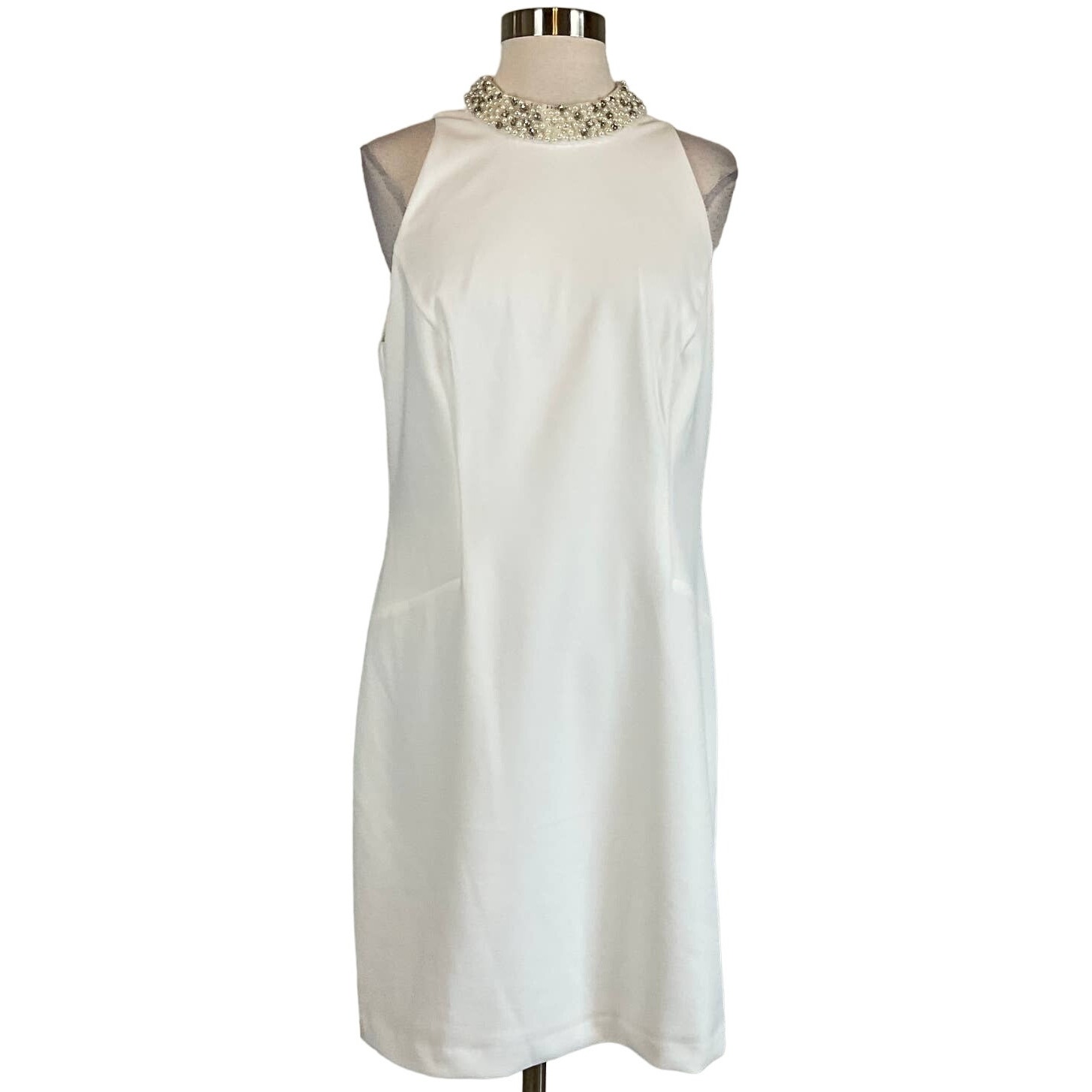 Adrianna Papell Women's Cocktail Dress Size 12 White Beaded Sleeveless Sheath
