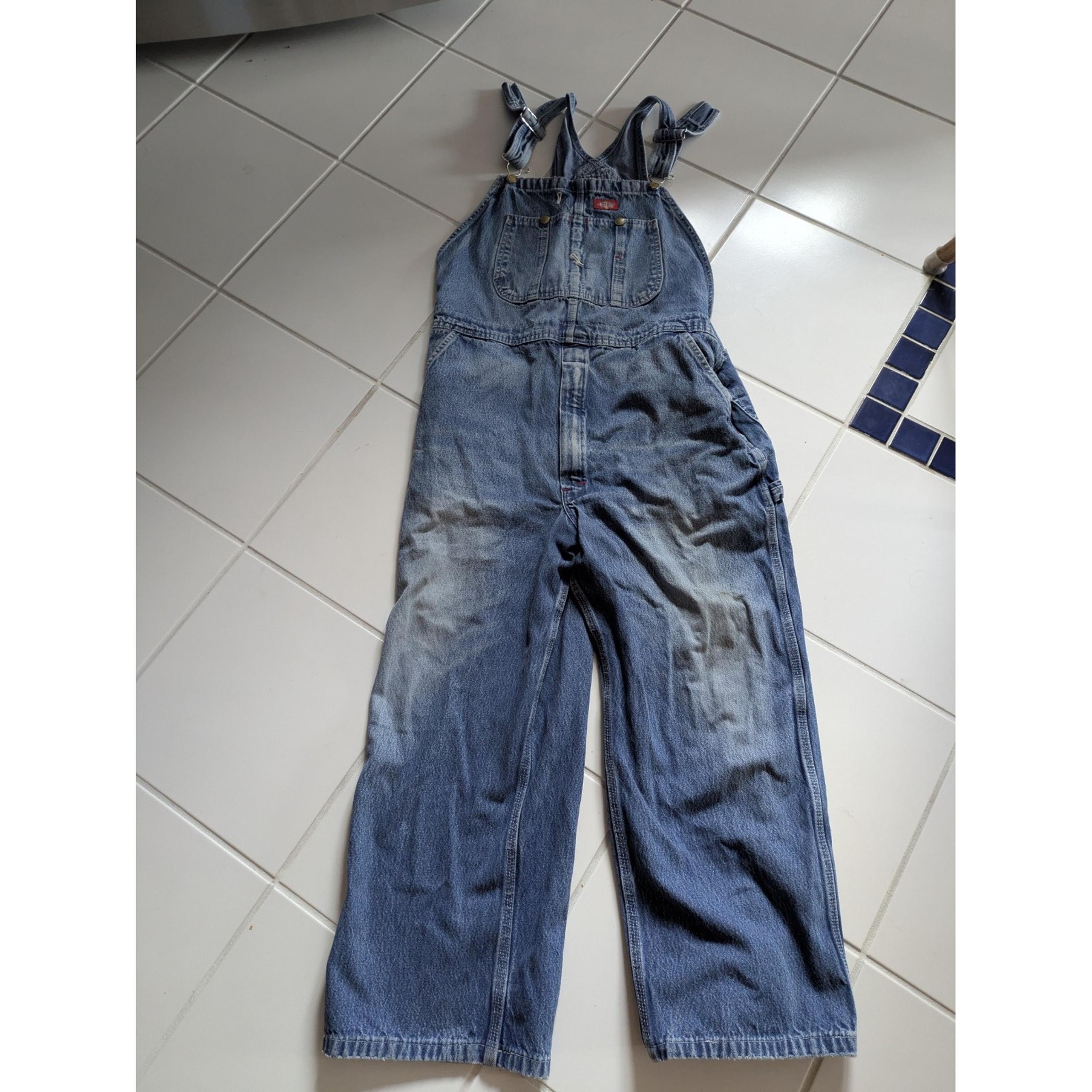 Thrashed Dickies Overalls Men 40x30 Blue Denim Bib Carpenter  Utility Painter
