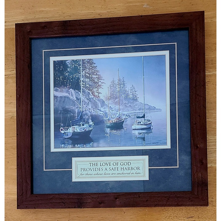 Kiff Holland Lithograph Sail Boats Wood Framed 16 X 16 God's Love Safe Harbor