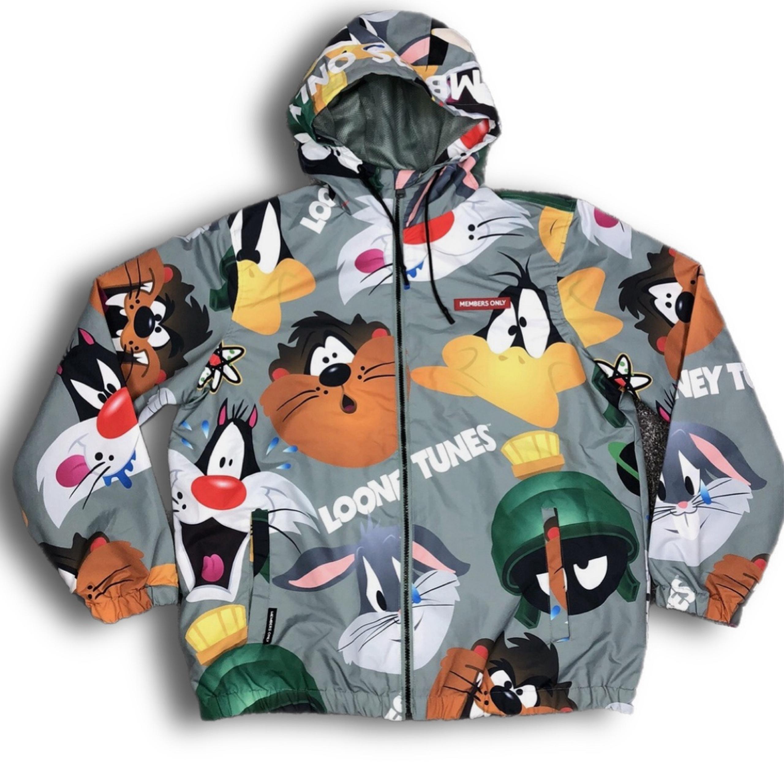 MEMBERS ONLY Looney Tunes Men Windbreaker Hooded Zip Jacket Grayish Green Size M