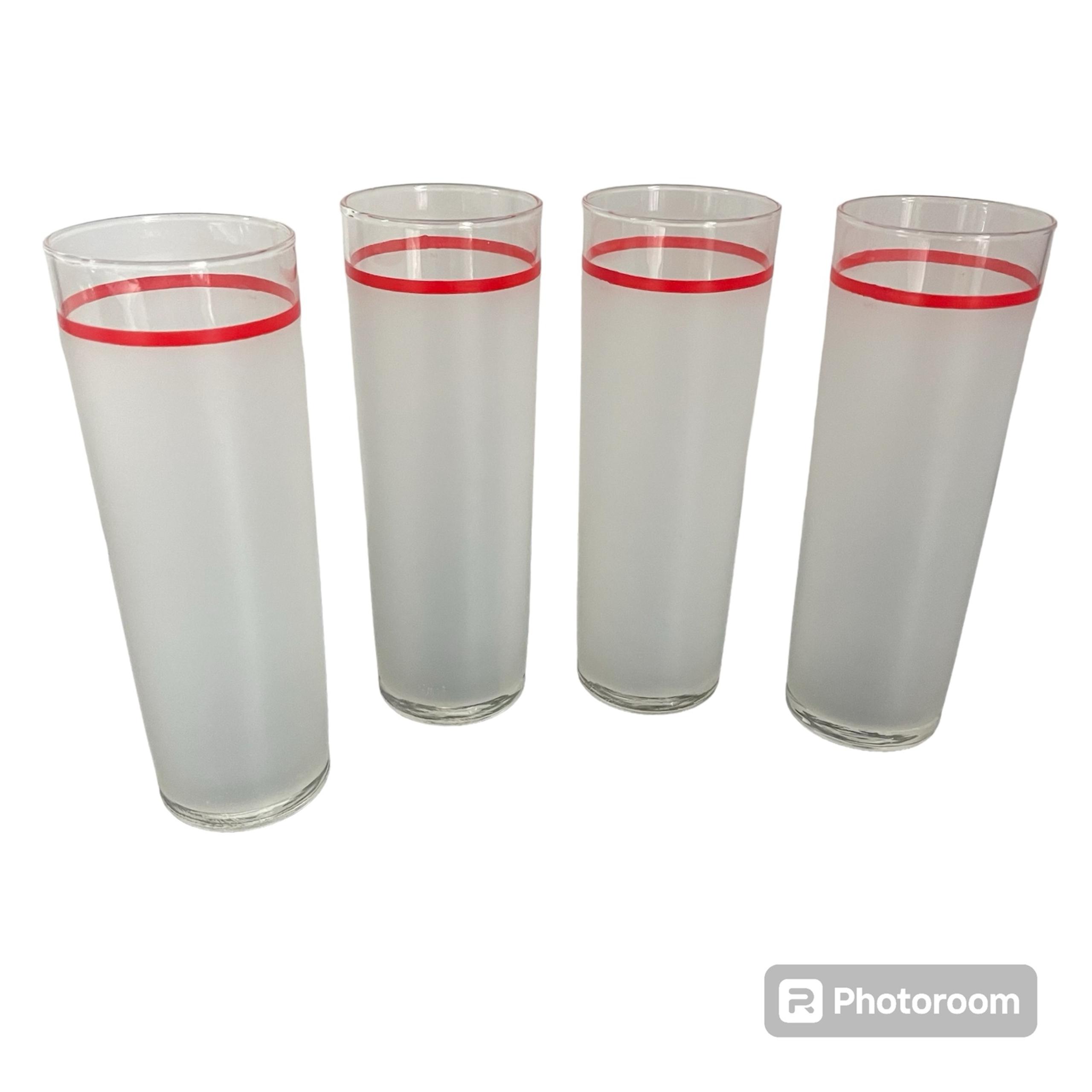 4 Vintage Frosted Highball Glasses Red Stripe Libbey “L” Bar 7”