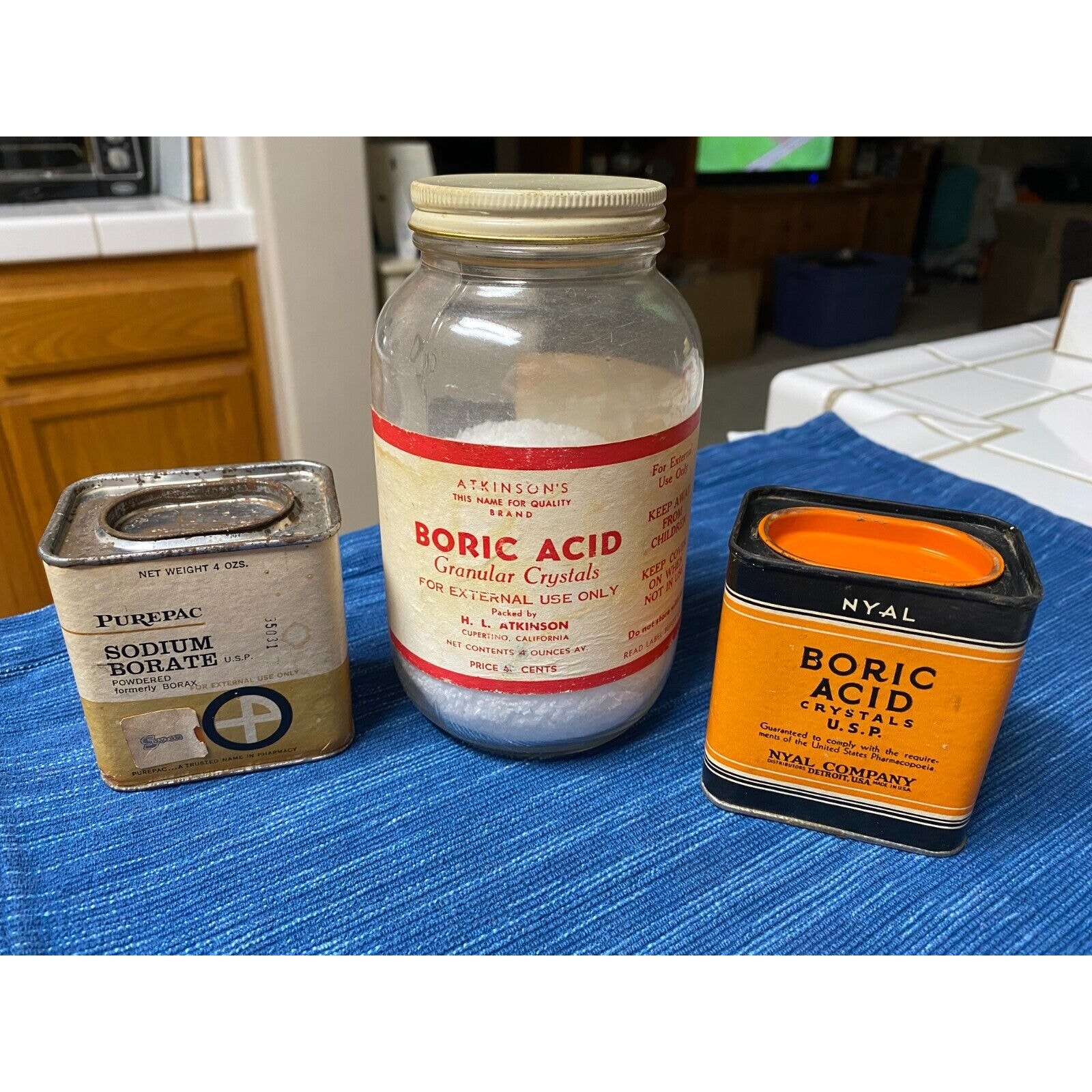 Vintage Boric Acid Crystals Powder Glass Paper Label Jar Tin Lot