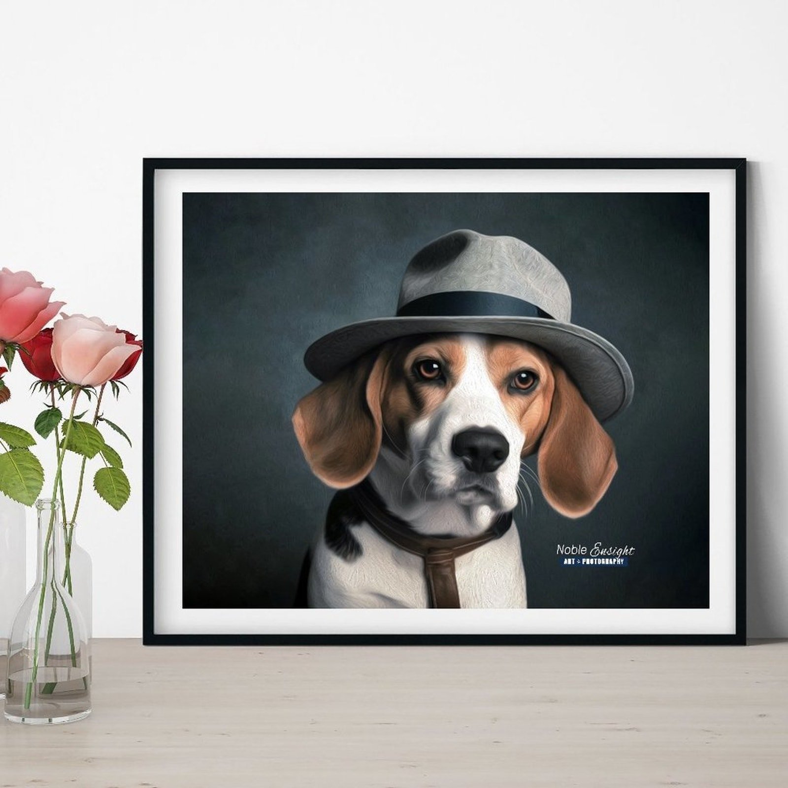 8x8 Beagle Detective Funny Dog Portrait Watercolor Oil Painting Wall Art Print
