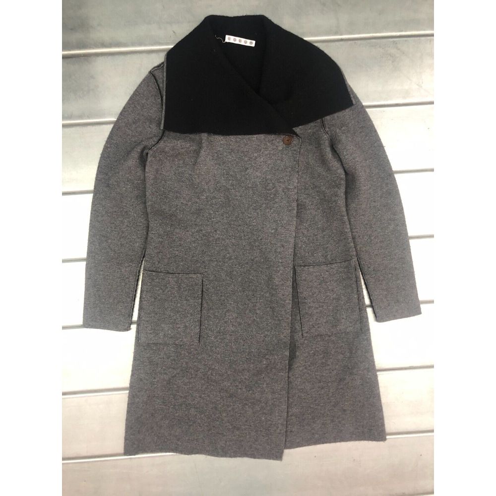 Kokun Jacket Womens Medium Gray Black Cashmere Wool Wide Collar Outerwear