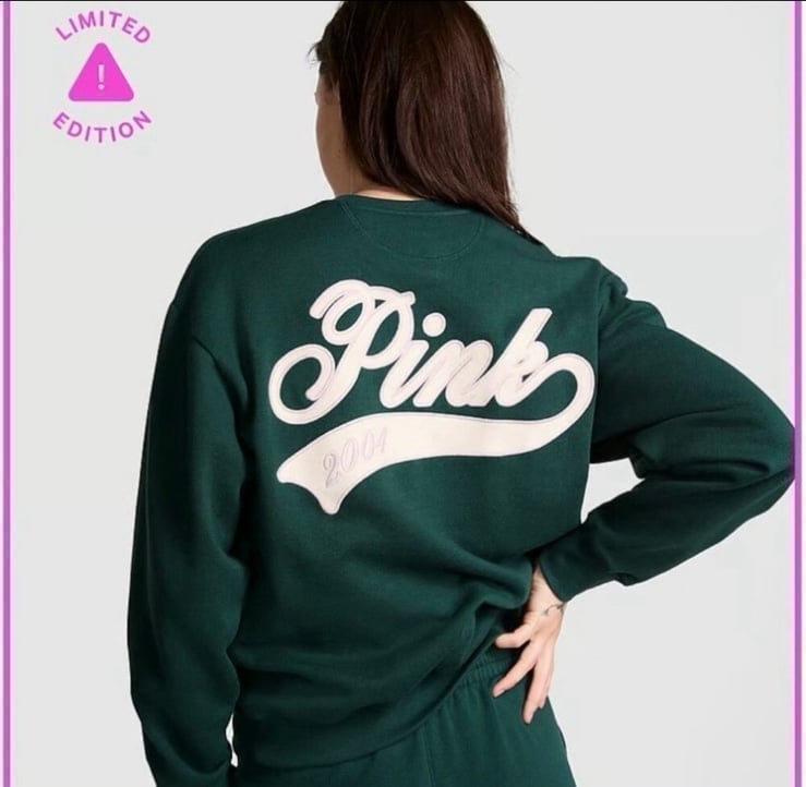 VS PINK Ivy Fleece Classic Crew Neck Sweatshirt LIMITED EDITION Green Sz XXL