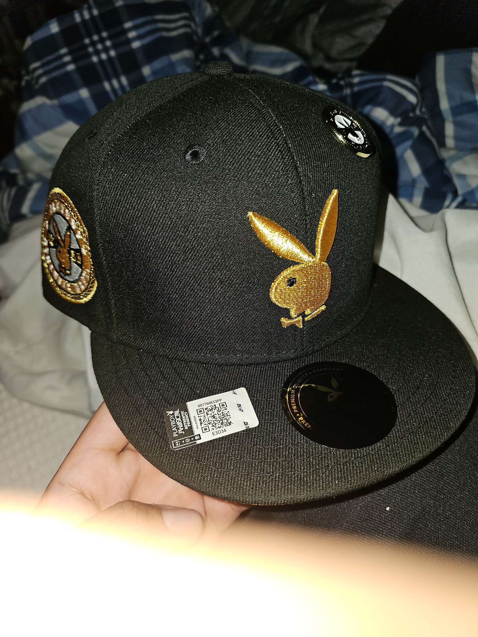 Playboy Hat Cap Gold Rush Script Fitted 7 3/8 Bunny 1953 Black Lids with pin