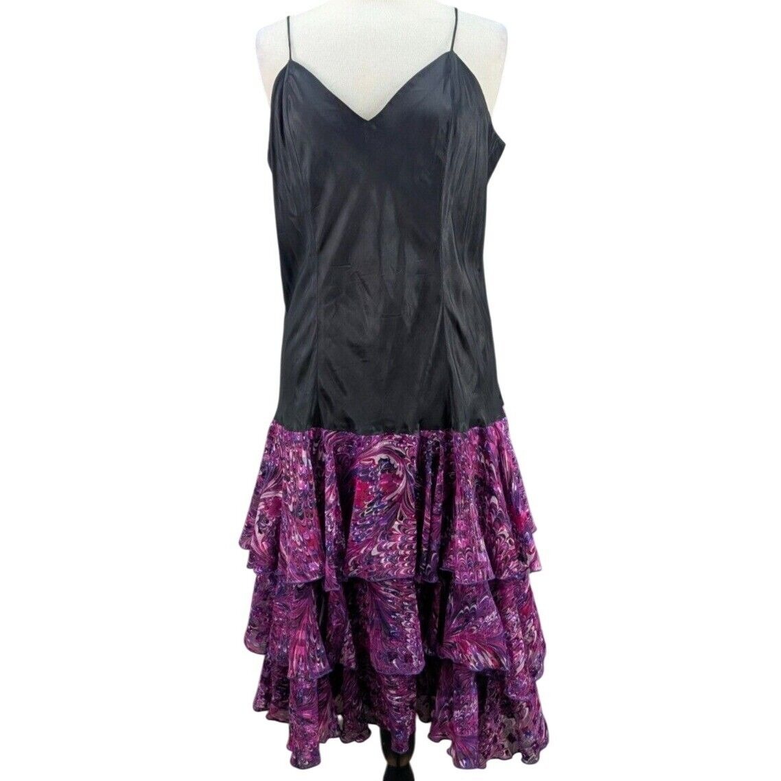 Ann Hobbs For Cattiva Black Silk Metallic Purple Tiered Goth Slip Dress Size 16