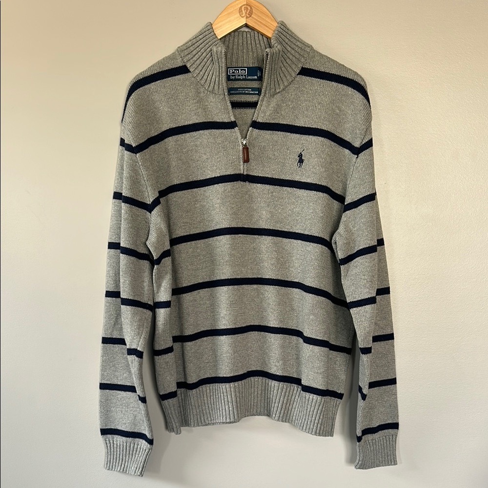 Polo Ralph Lauren Men's Quarter 1/4 Zip Striped Cotton Sweater Size L Gray Navy