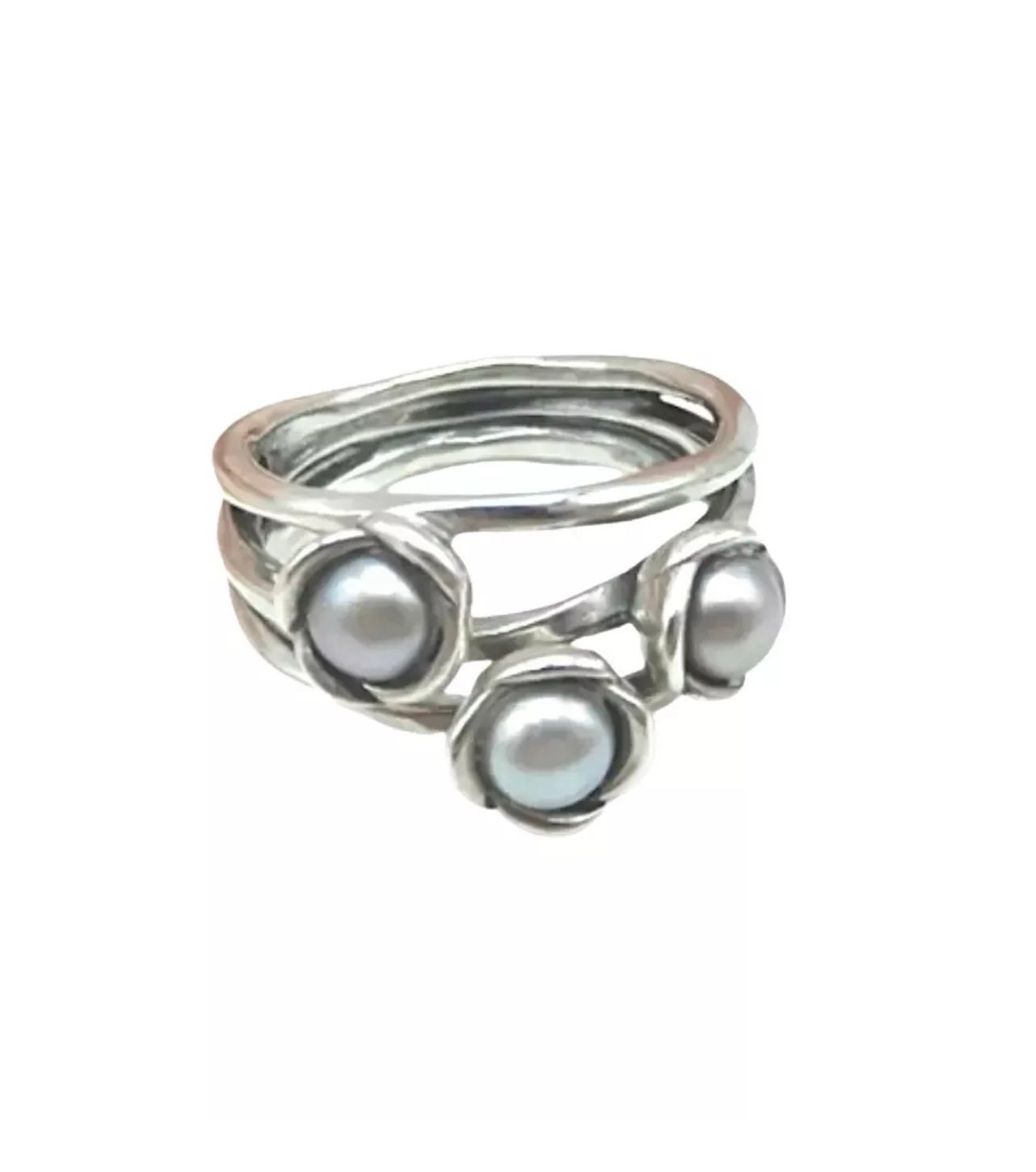 Pandora Triple Bloom Grey Pearl & silver Ring - size 6 1/2