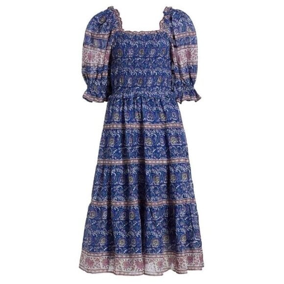 NWT Sea Rosita in Blue Cotton Smocked Puff-Sleeve Tiered Midi Dress XS 395