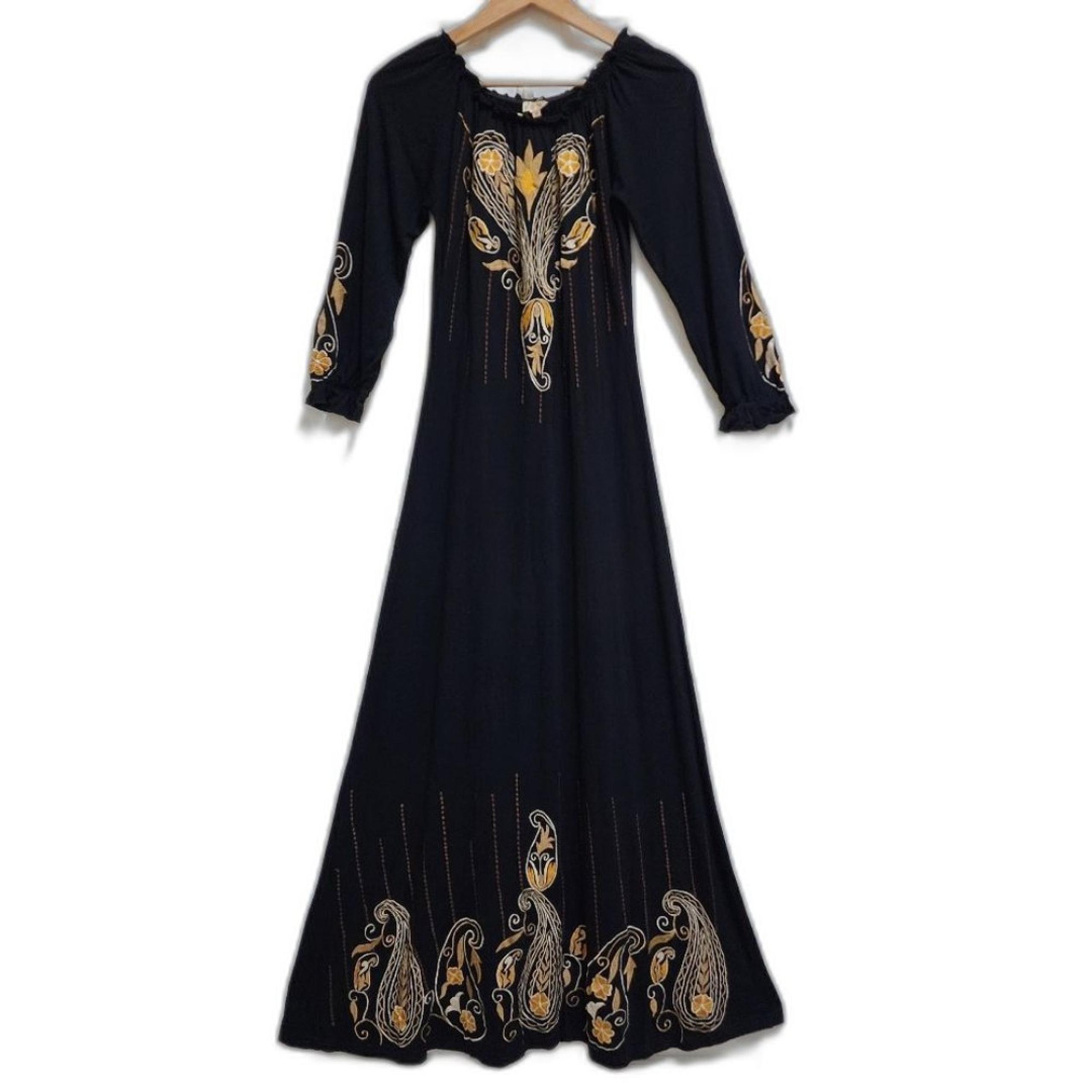 Scully Dress S Black Yellow Floral Embroidered Maxi Stretch Long Sleeve Flare