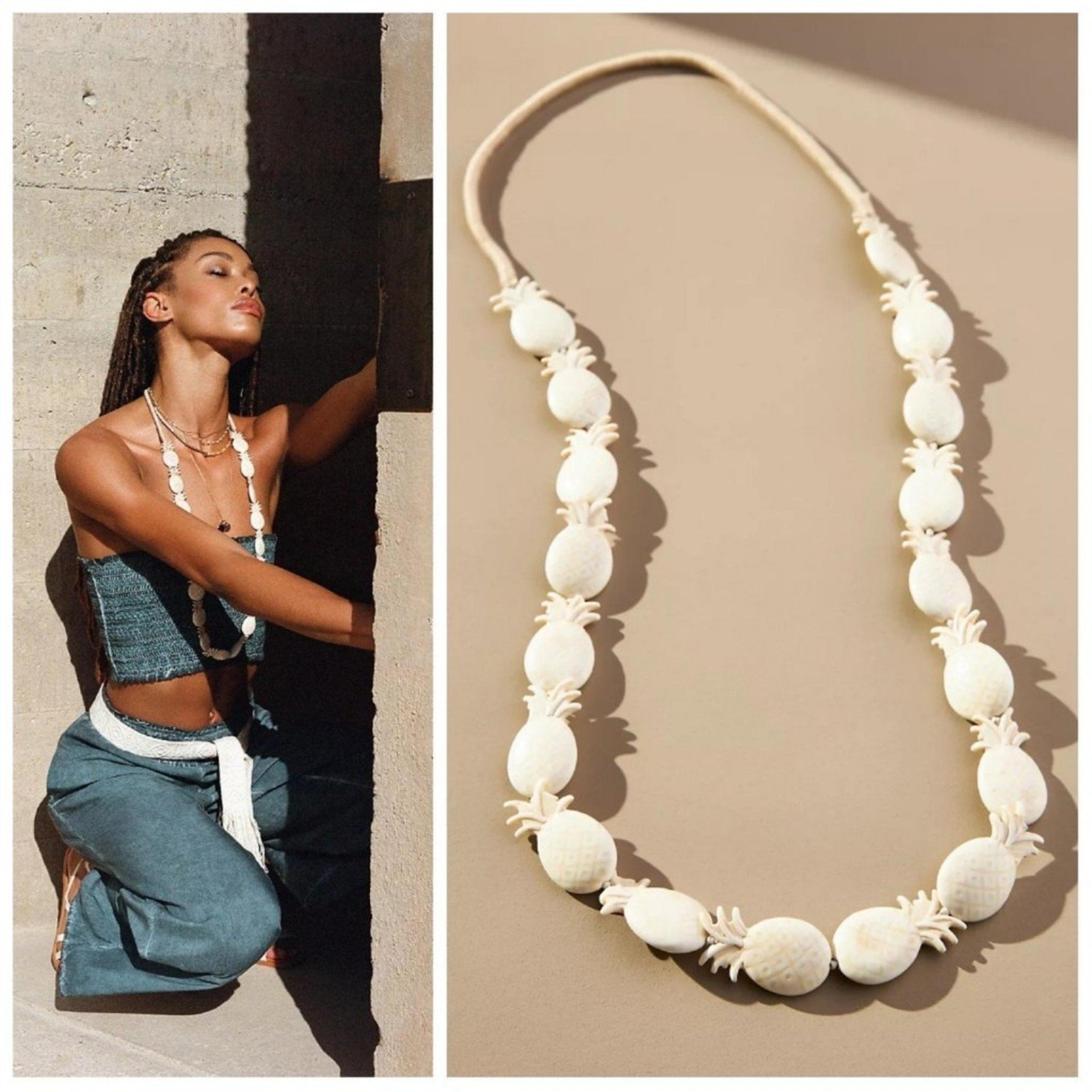 NEW Anthropologie Howlite Long Chain Tropical Pineapple Statement Necklace Boho