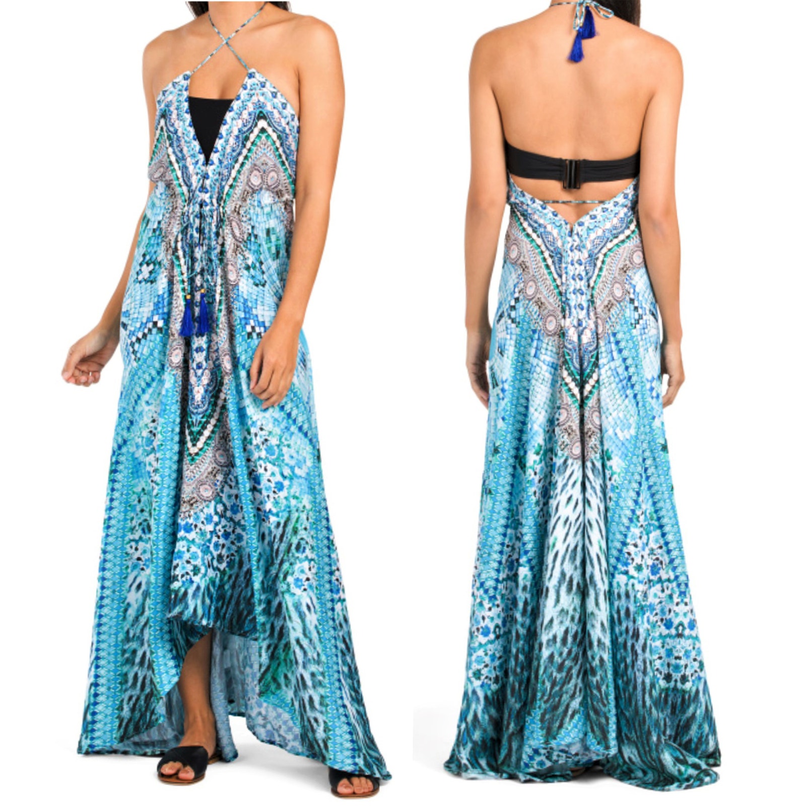 NWT La Moda Boho Bead Embellished Watercolor Hi-low Beach Cover-up Maxi Dress