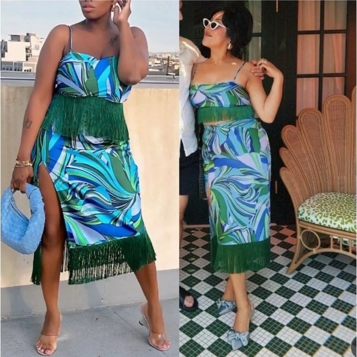 House Of Harlow Fringe Satin Midi Skirt Set Womens XS Tropical Hawaiian Eclectic