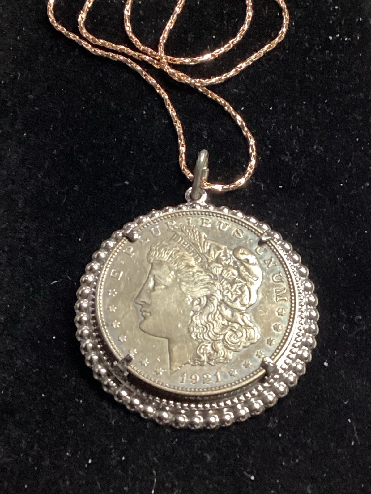1921 BU Morgan Silver Dollar Necklace -Pendant Bezel Hanging from Gold Plt Chain