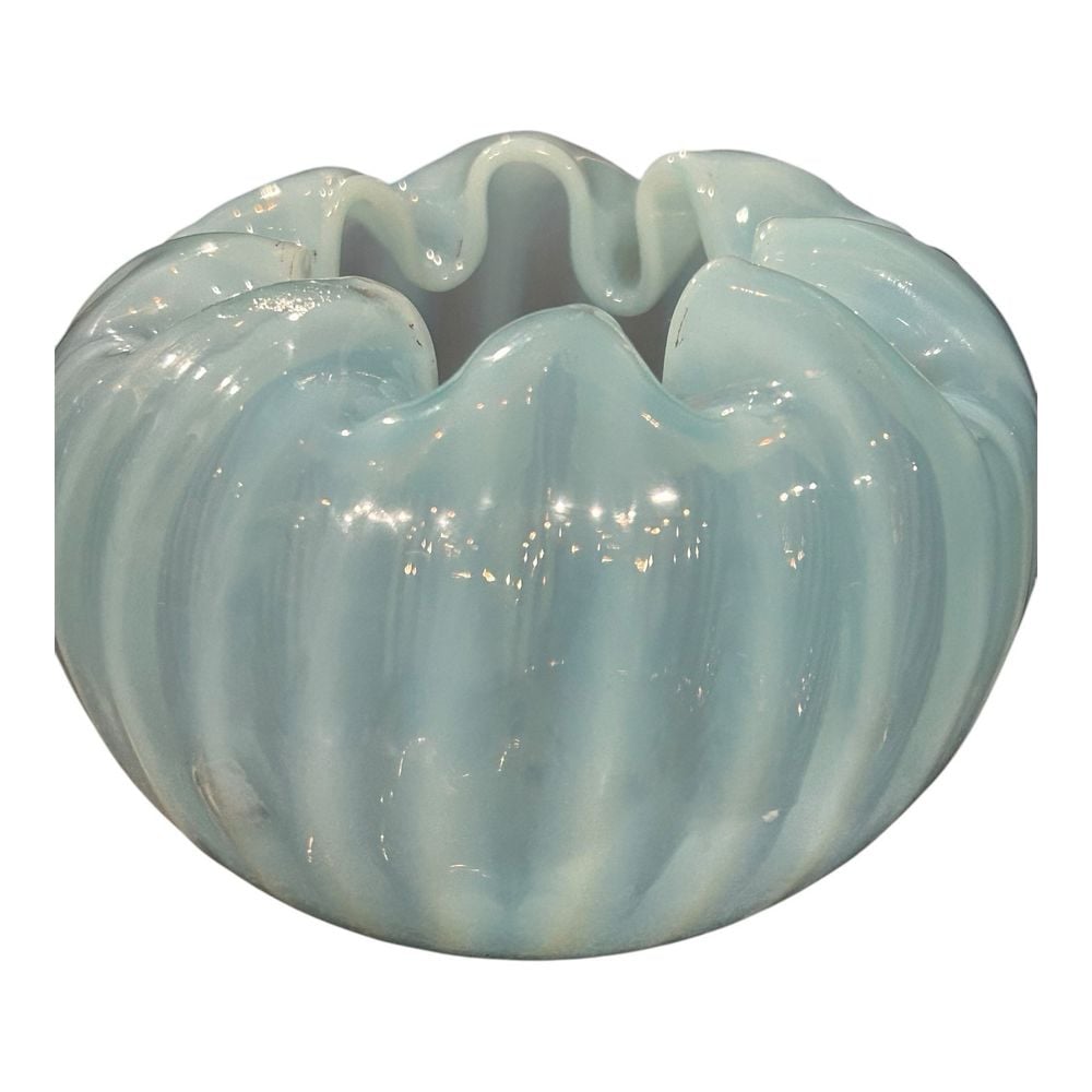 Blue Opalescent Glass Striped Rose Bowl Crimped Top light blue