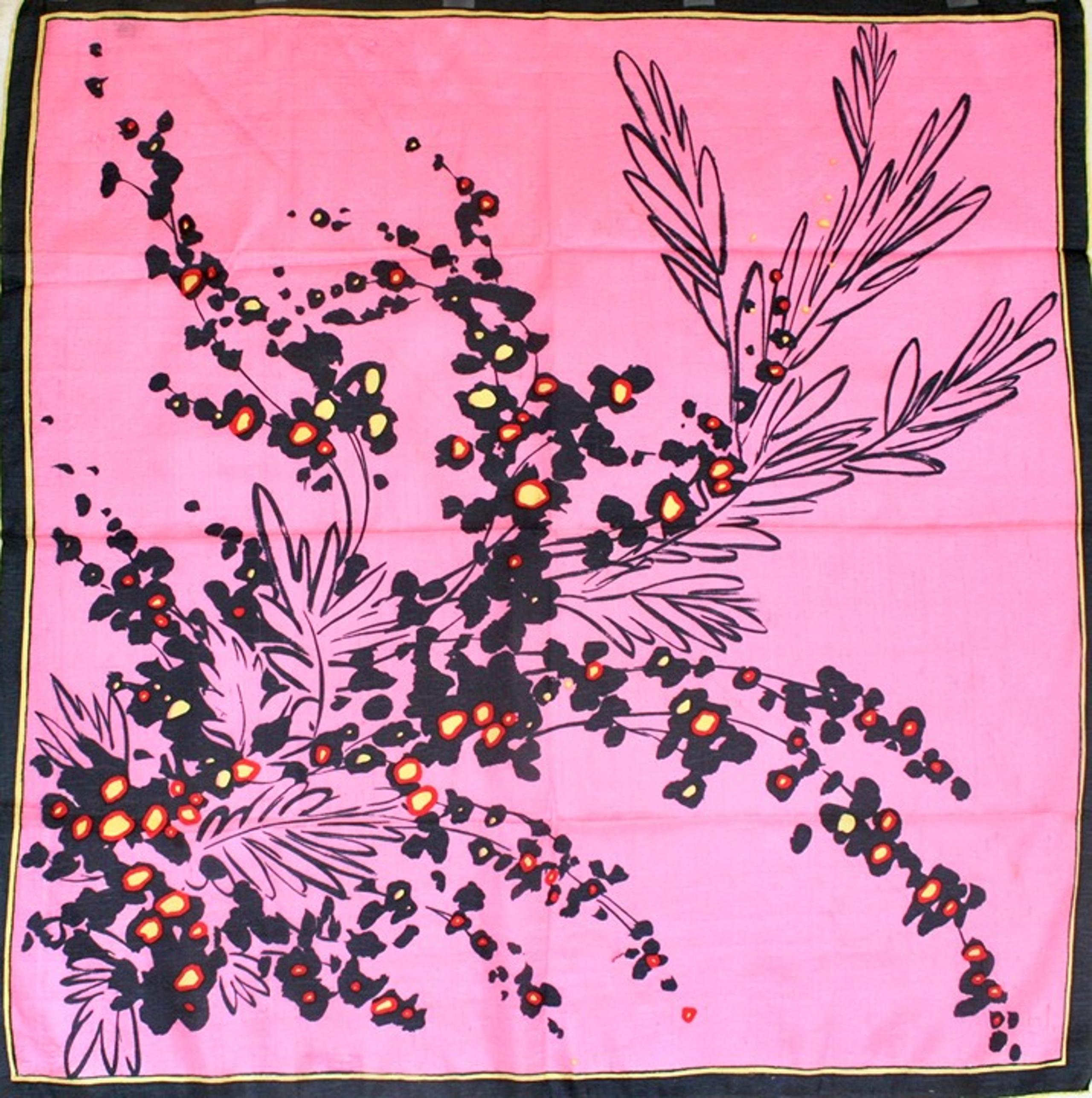 Vintage floral silk scarf Italy expressive brushwork pink black red mid century