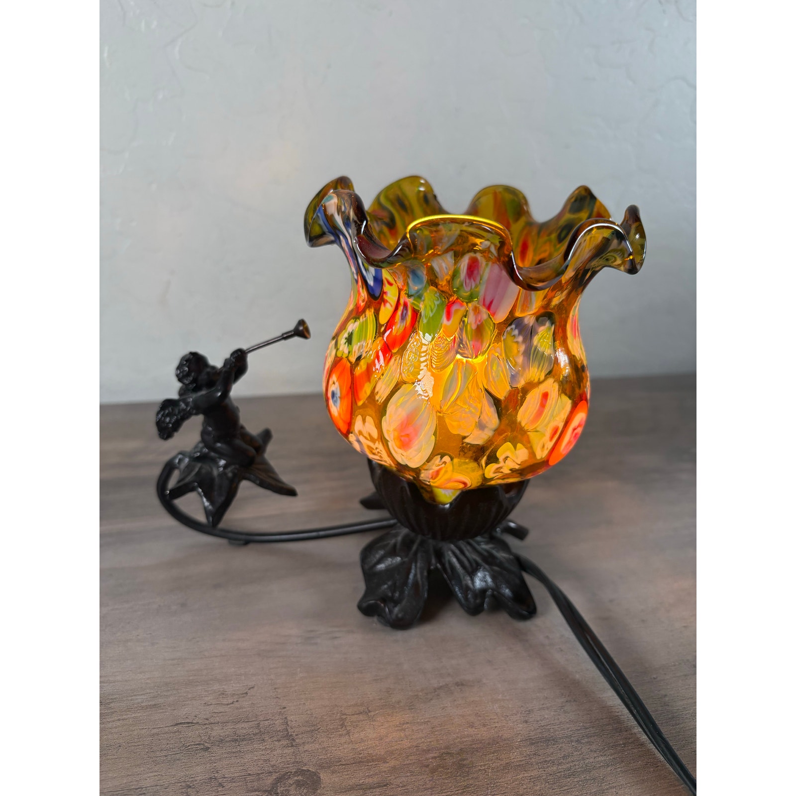 Murano Style Blue Handblown Cherub/Cast Iron Decrative Lamp Night Light