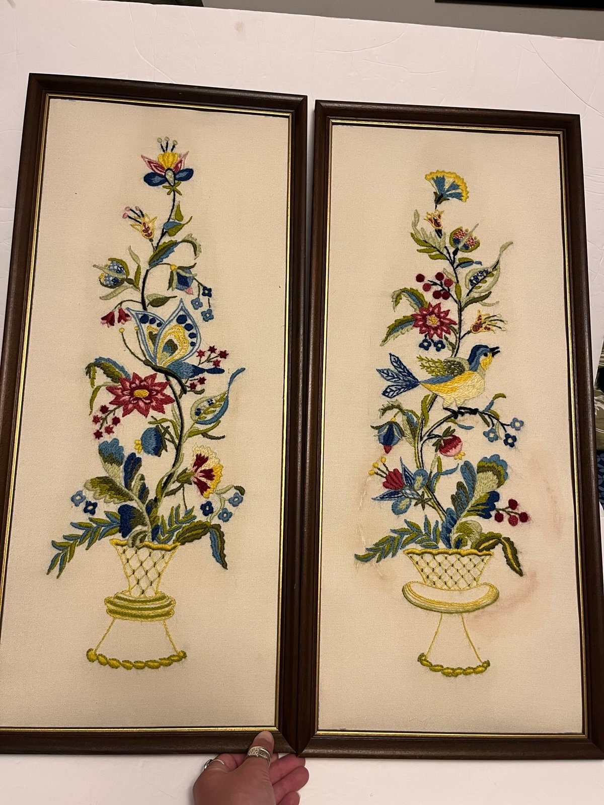 Set Of 2 Vintage Crewel Embroidery Wall Hangings Flower Butterfly & Bird Framed