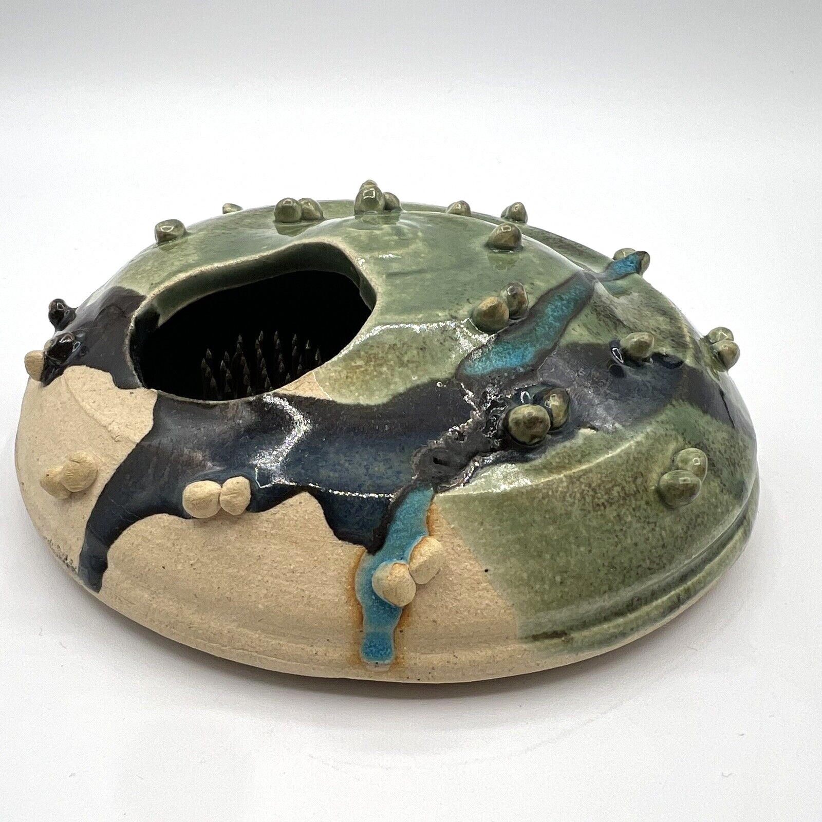 Studio Art Pottery Ikebana Flower Arrangement Vase Round Flat Flower Frog Green