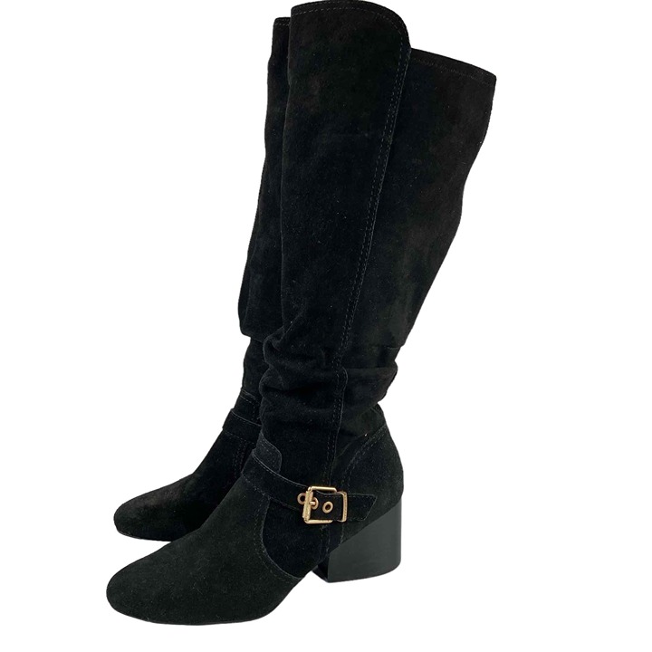 Lucca Lane Womens Size 8 Paris Block Heel Dress Boots Black Suede Tall Buckle