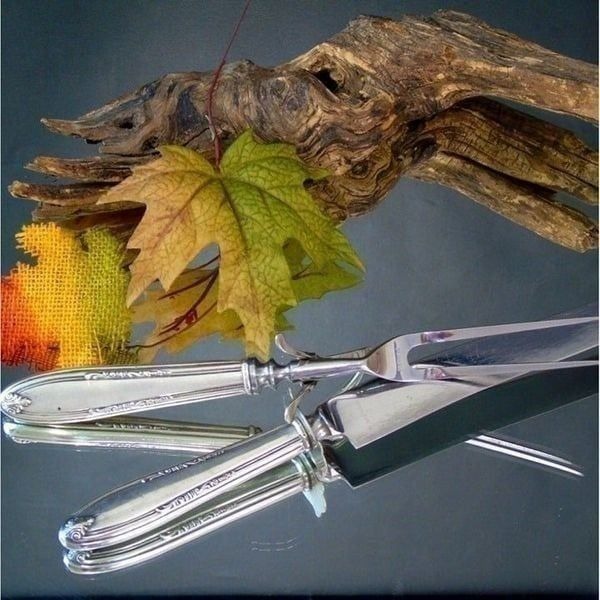 Antique Meat Carving Set Fork and Knife Set Sterling Silver Handle Holiday Table