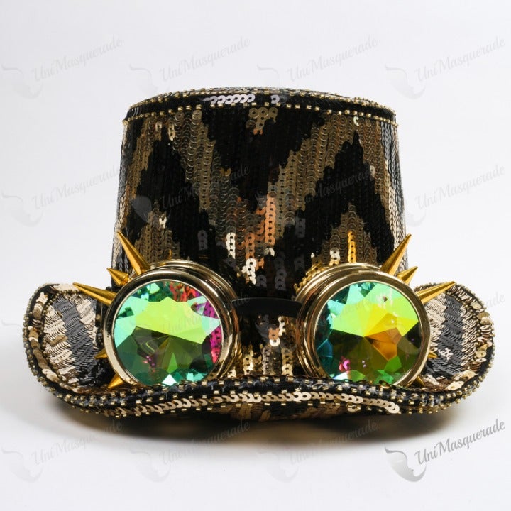 Steampunk ZigZag Sequin Top Hat with Kaleidoscope 3D Goggles - Black Gold