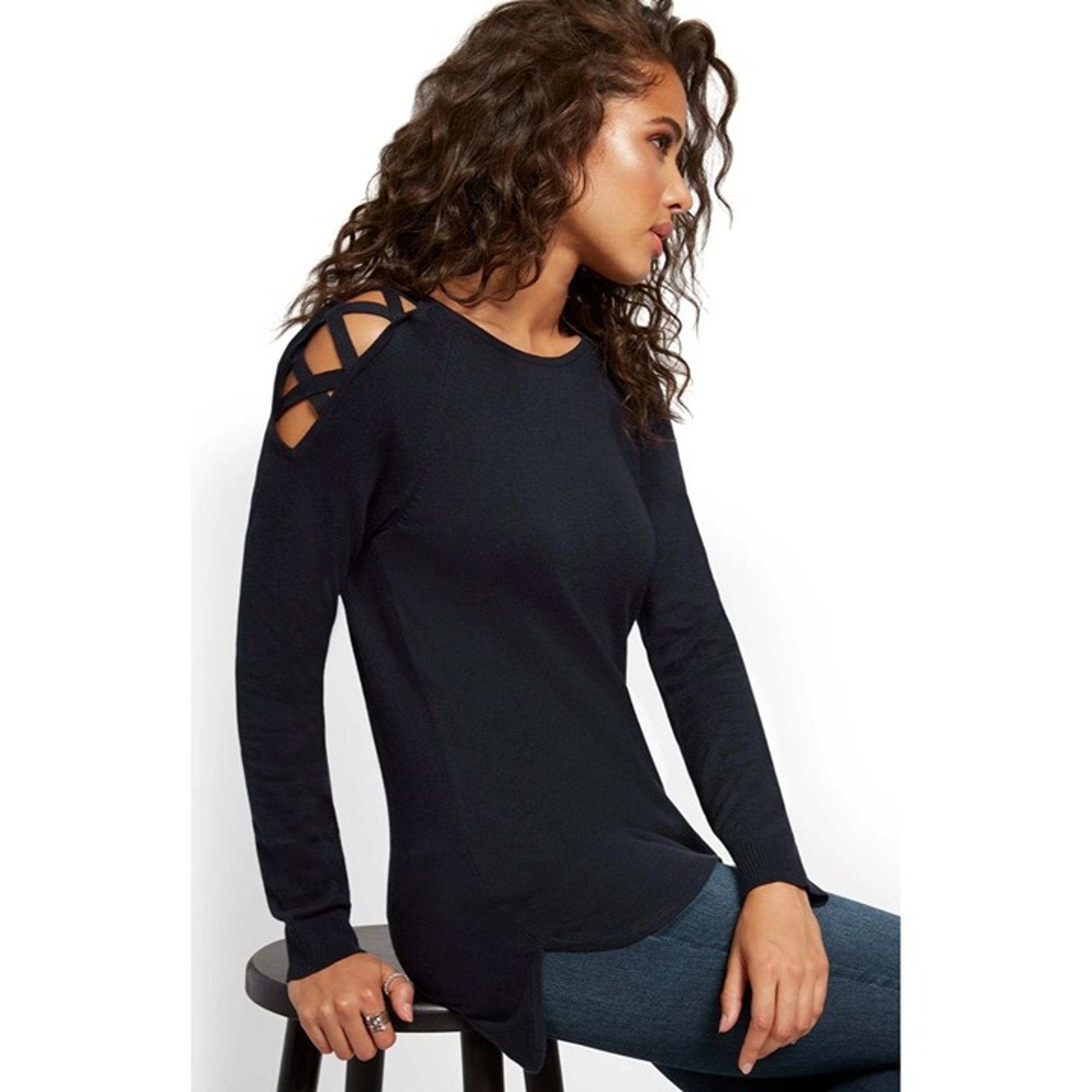 NEW YORK & COMPANY Navy Criss-Cross Cold Shoulder Lightweight Sweater NWT XS