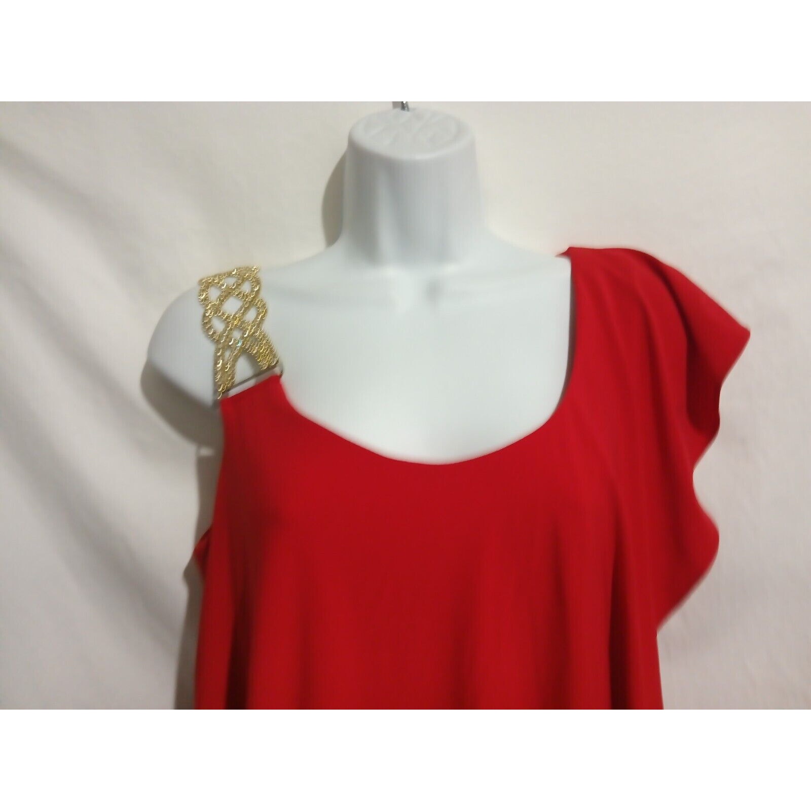 Betsy & Adam Size 12 Sleeveless Red Draped Shift Dress Gold And Rhinestone Strap