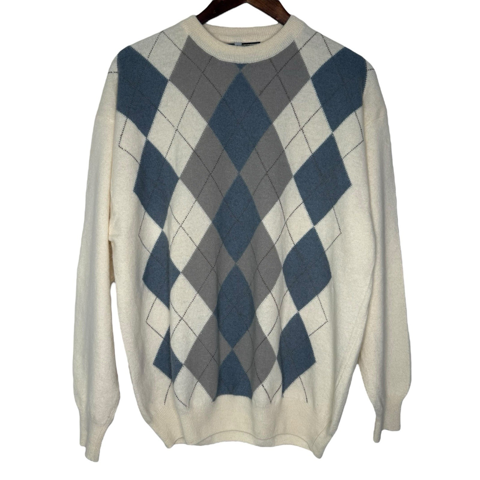 Vintage Merino Wool Angora Golf Sweater L Argyle V-Neck Blue Preppy Argentina