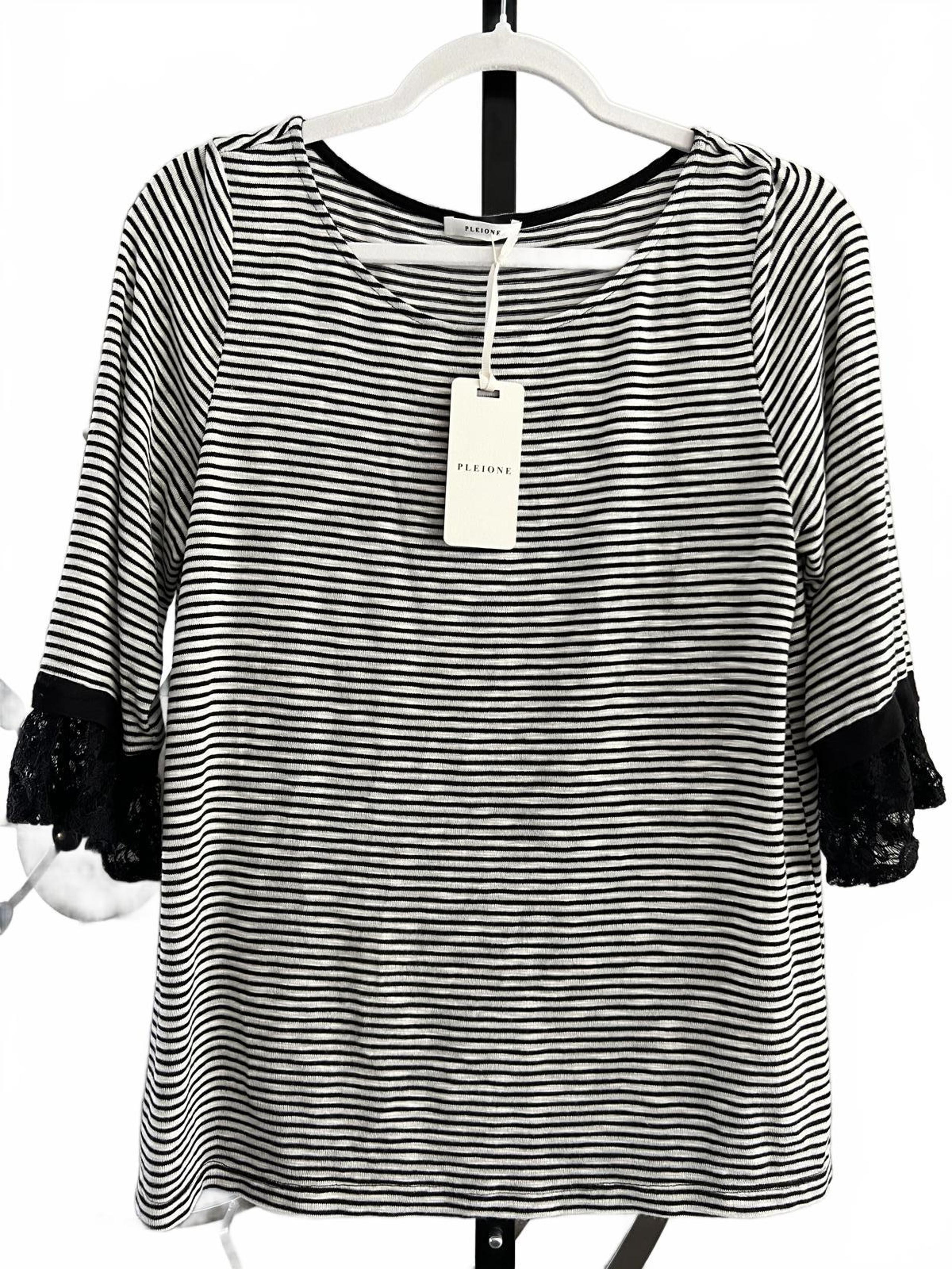 Anthropologie Pleione Black & White Striped Top with Lace Sleeves - M